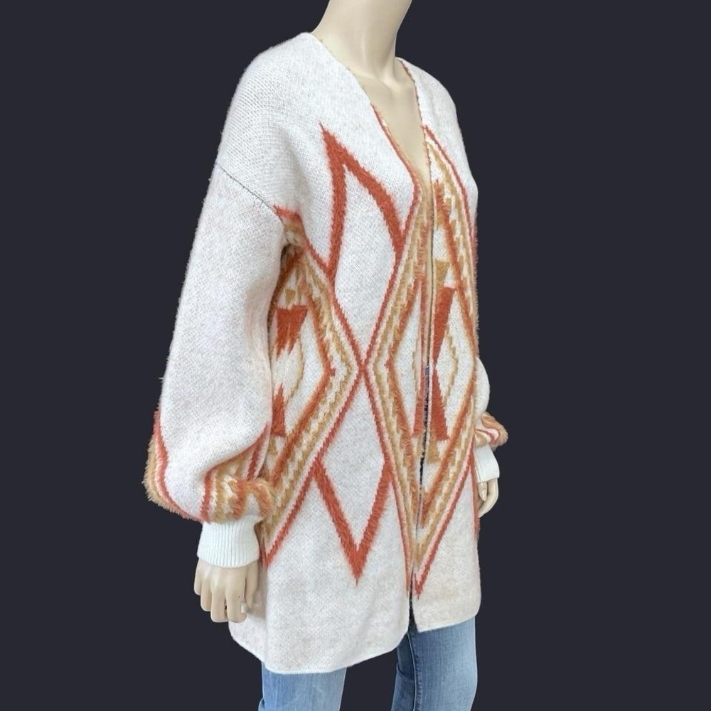 Jodifl Cardigan Women Small Ivory Long Sleeve Longline‎ Aztec Print Chunky NWT